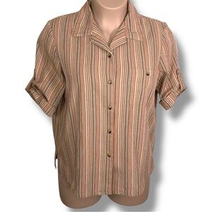 Vintage Large Blair Orange Striped Button Up Top Cuffed Short Sleeve Stretch
